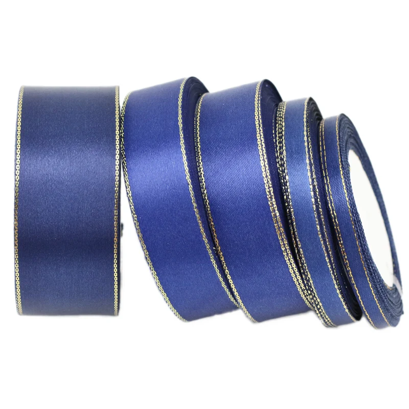 (25 yards/roll) deep blue gold Edge Satin Ribbon Wholesale Gift Christmas ribbons (6/10/25/40mm)