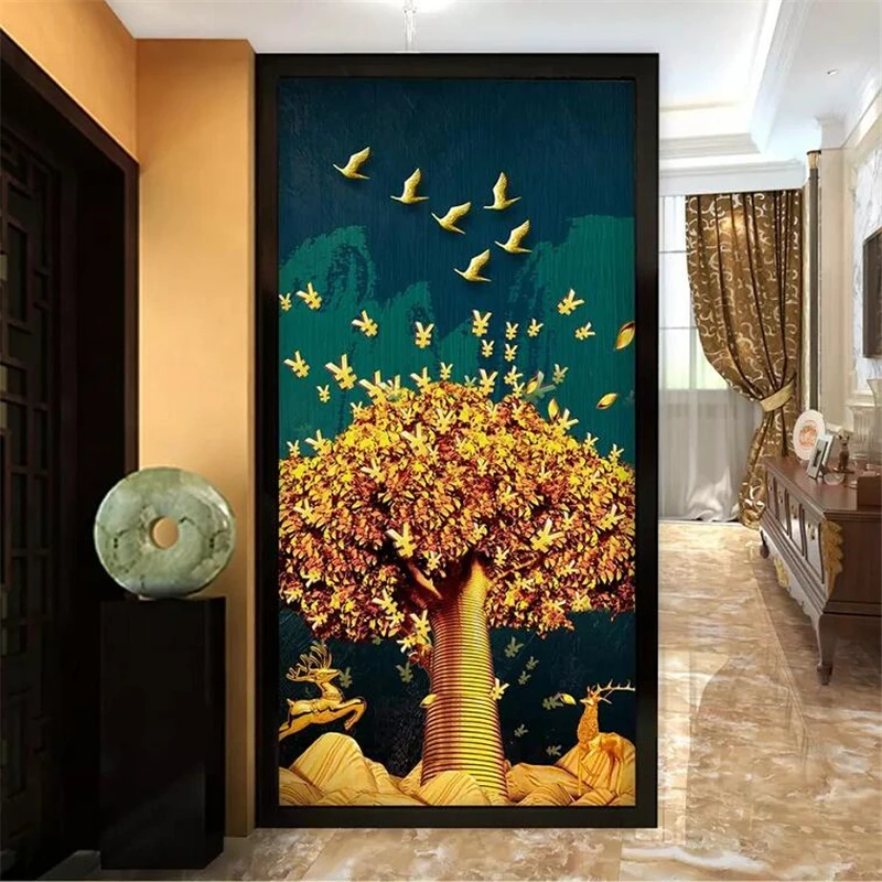 

beibehang Custom wallpaper 3d mural new Chinese golden elk fortune tree abstract ink porch decorative painting 8d wallpaper 5d