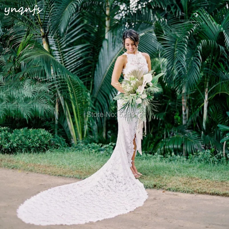 

YNQNFS Elegant Mermaid Lace Bridesmaid Dresses Open Back High Slit Sexy Wedding Party Bridal Dress Cathedral 1m Long Train