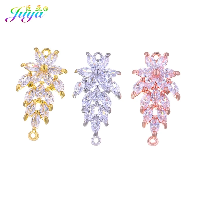 Wholesale Jewelry Supplies Cz Rhinestones Gold/Rose Gold Floating Copper Leaf Connector Charm Accessories For DIY Jewelry Making