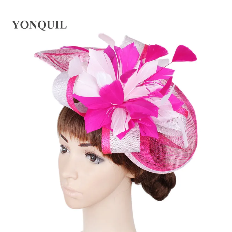 Elegante Sinamay Fascinator Hüte mit Feder blume Sinamay Trims Cocktail und Race Hüte Hochzeit Braut Kopf bedeckung mehrere Farben – Detail 16