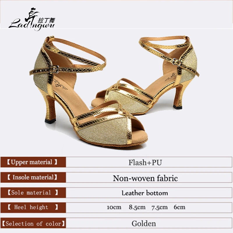 Ladingwu Flash and PU Golden High Heels Women Ballroom Salsa Dance Shoes Latin Waltz Dance Shoes Lady Size 35-44