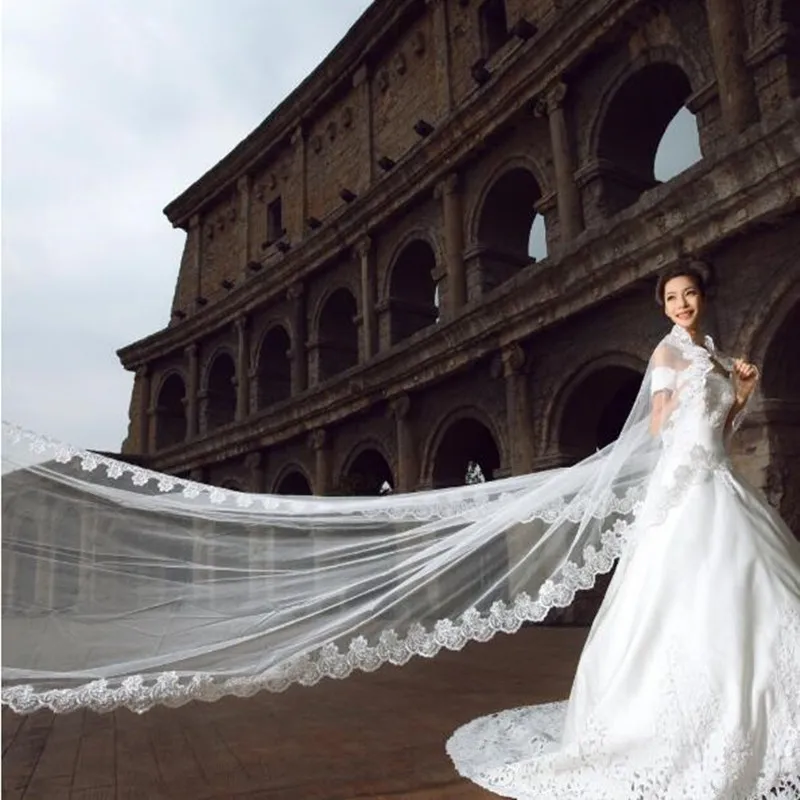 Velos de boda de una capa, aplique de encaje de color blanco marfil, lentejuelas, borde, longitud de la Catedral, peine libre, hecho a medida velo de novia, 3M, novedad