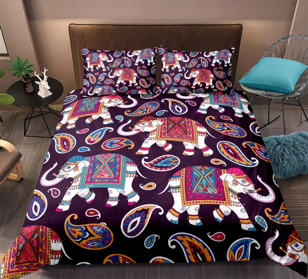 

Elephant Bedding Set Bohemian Duvet Cover Set Boho Home Textiles Mandala Dark Purple Bedclothes 3-Piece dropship