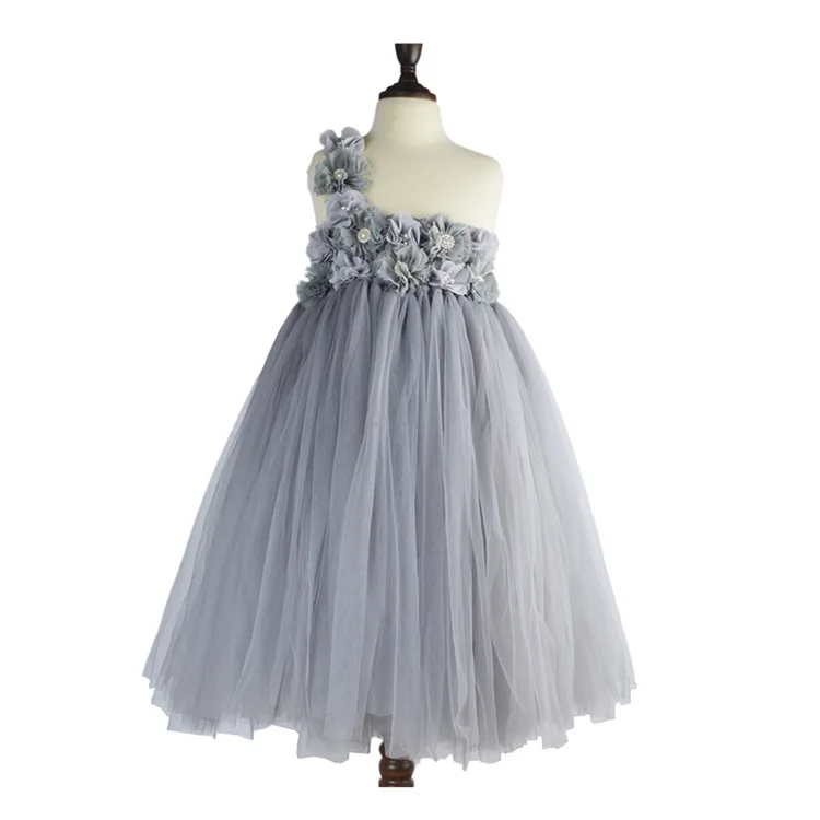 Lovely Girls Grey Chiffon Flowers Tutu Dress Kids Fluffy Tulle Tutus Ball Gown with Single Shoulder Children Wedding Party Dress