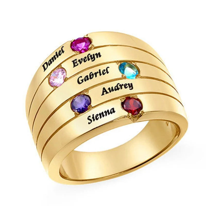 Amxiu Personalized Five Names Rings 925 Sterling Silver Jewelry Rings with Birthstones Engrave Name Ring For Women Family Gifts