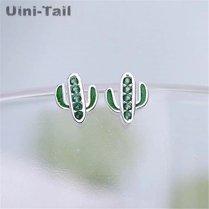 Uini-Tail 2024 new listing 925 Tibetan silver small fresh face thin cactus micro-set earrings exquisite compact high quality