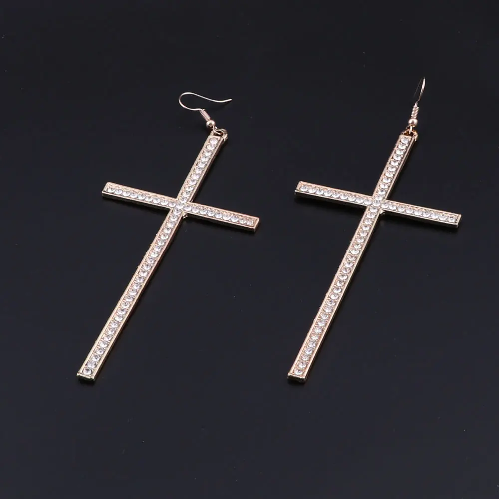 Hip Hop Big Gold/Silver Color Rhinestone Cross Dangle Earrings Fashion Crystal Cross Earrings