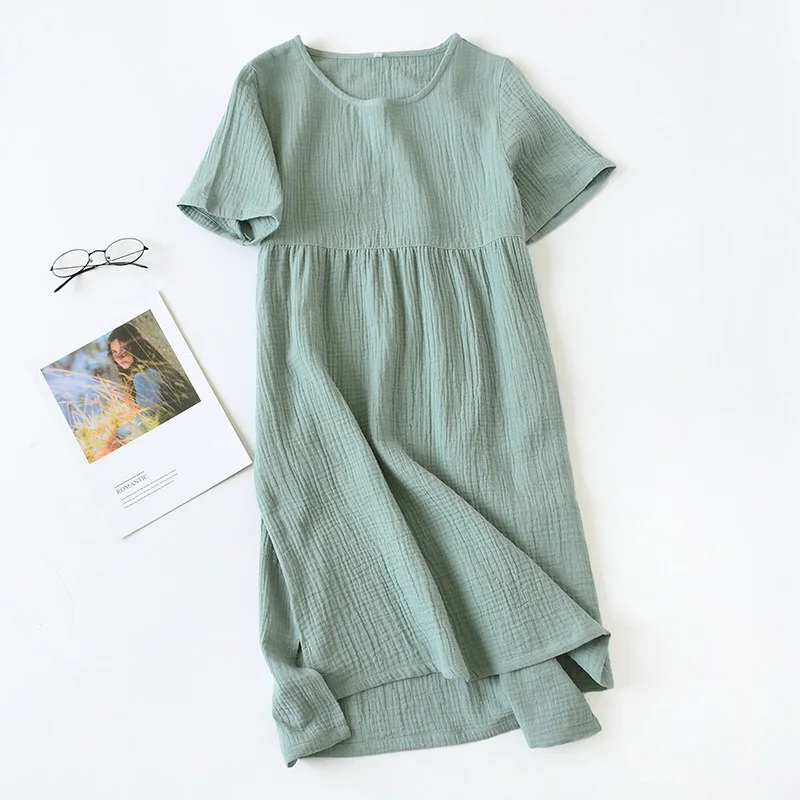 Summer New Women Nightdress Solid Color Comfort Gauze Cotton Long Dress Homewear Dress Round Collar Ladies Soft Thin Nightgown