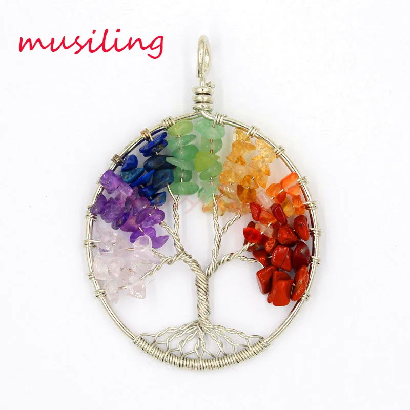 7 Stone Tree of Life Pendant Natural Stone Pendulum Accessories European Fashion Jewelry Wicca Witch Women Men Amulet 10pcs