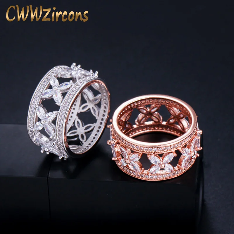 Женские кольца на палец CWWZircons, большие кольца из розового золота в форме листьев любви с фианитами, ювелирные изделия для свадебной вечеринки, R137