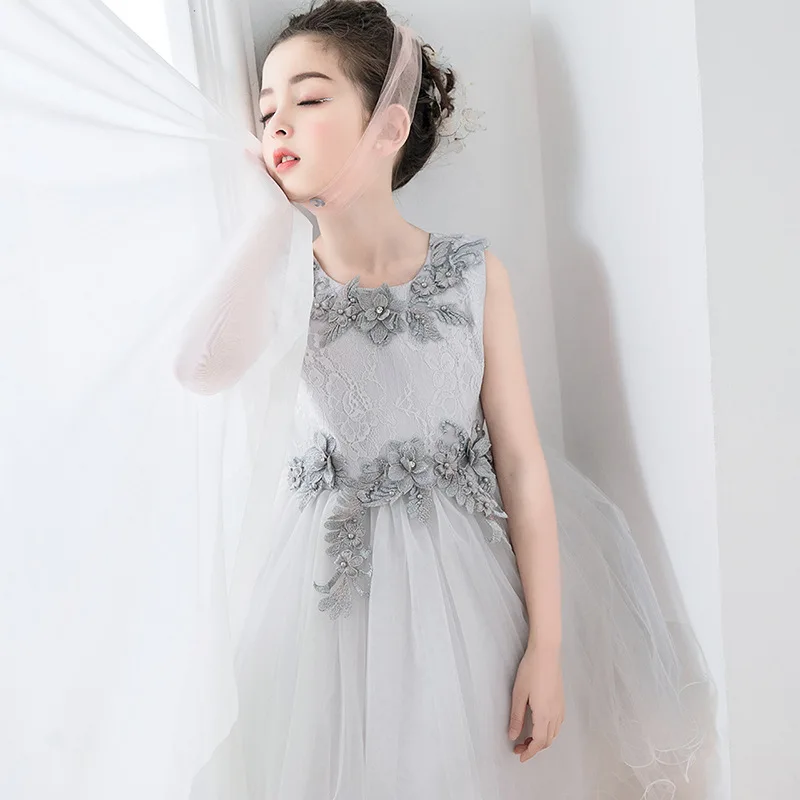 Brithday Kids Dresses for Girls Elegant Gray Flower Girl Vestido Infantil Festa Kids Clothes 4 6 8 10 12 14 Years Old RKF184026