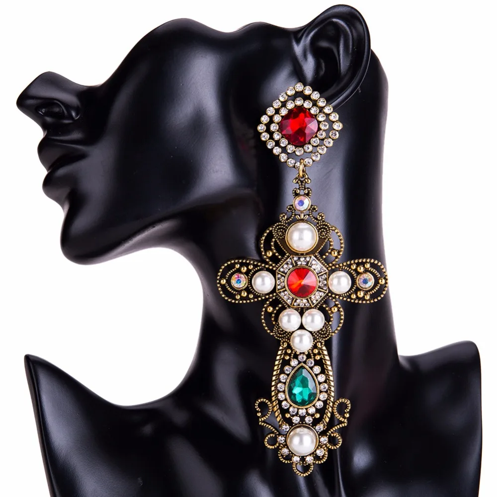 Vintage Baroque Style Inmitation Pearls Big Cross Dangle Earrings for Women Jewelry Hot Sale Classic Statement Accessories