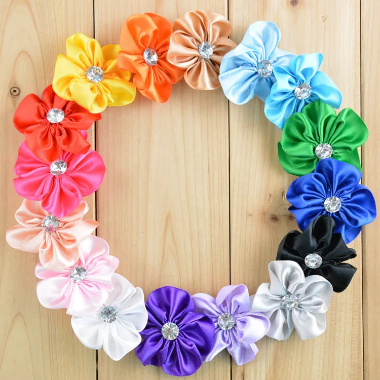 100 pcs/lot , 2.1 inch DIY Satin Ribbon Flowers with rhinestone center