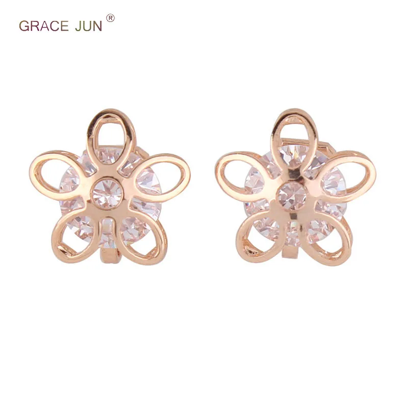 Gold Color AAA Cubic Zircon Flower Shape Hollow-out Clip on Earrings No Pierced for Girl Bridal Wedding Cuff Earrings Good Gift