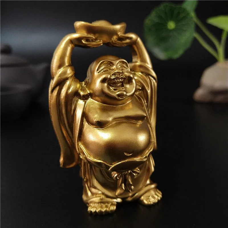 Golden Chinese Feng Shui Laughing Buddha Statue Ornaments Money Maitreya Buddha Sculpture Garden Figurines For Home Decoration