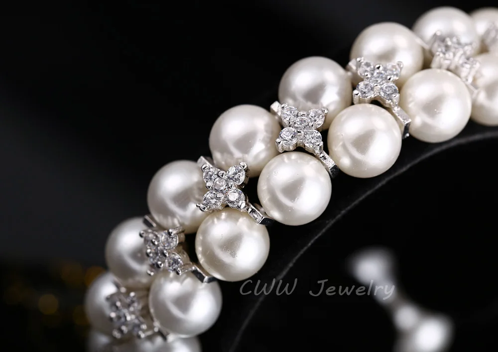 CWWZircons Handmade Wedding Pearl Jewelry Double Rows Cubic Zirconia Setting Big Bridal Bracelets Bangle for Women CB157