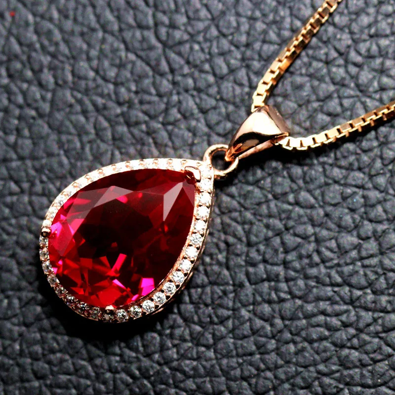 Pear shape red corundum stone jewelry necklace pendants faceted stone bright 925 silver trendy women free shipping