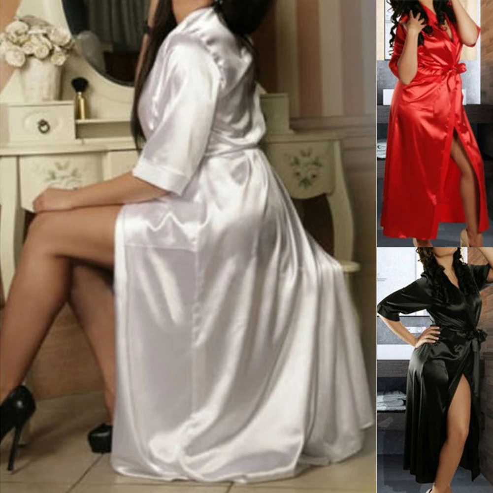 

New Sexy Women Lace Nightdress Belt Nightwear Sleepwear Satin Kimono Sleepdress Gown Robe Pure Color Nightwear