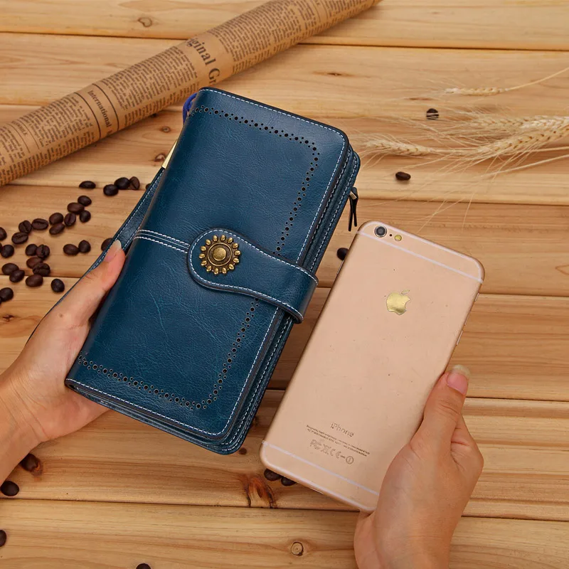 Cartera de cuero genuino para mujer, Cartera de mano femenina, bolso para teléfono móvil de diseño largo, a la moda, promoción de existencias