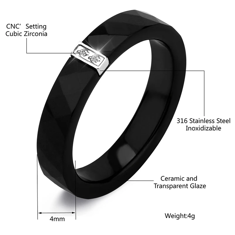 New Design 4mm Width Black White Ceramic Rings For Women Stainless Steel Section Cubic Zircon Ceramic Wedding Jewelry