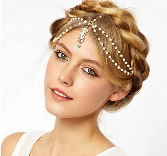 Women BOHO Flapper Ivory Multi Beads Crown Tikka Headband Wedding Head Chain Vintage Decor