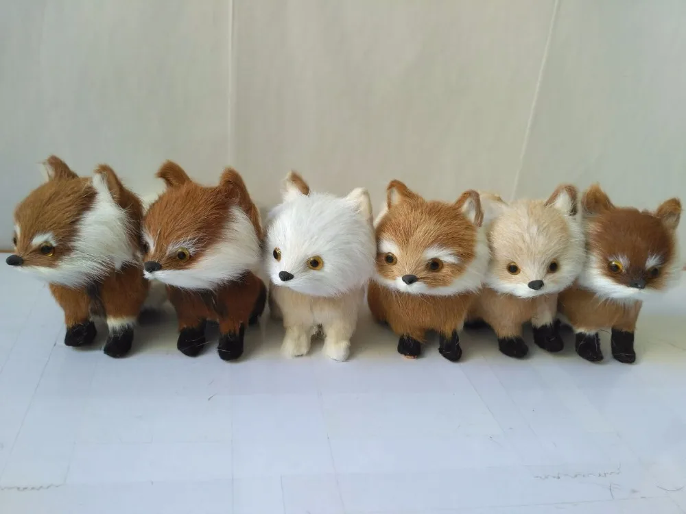 plastic&furs mixed colours squatting fox one lot/ 6 pieces about 15x5x10cm model handicraft prop home decoration gift d2093