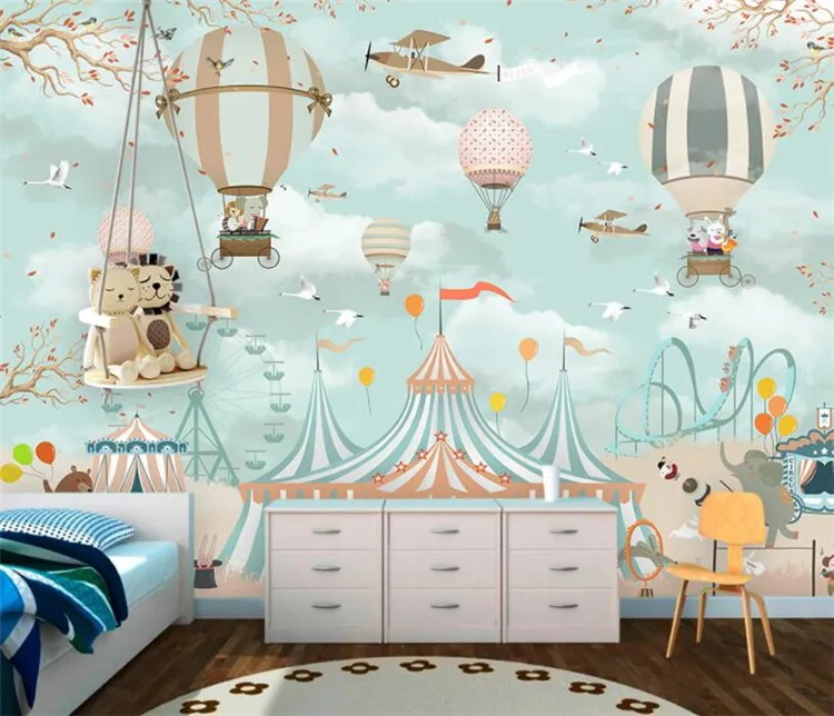 

Large 3d Wallpaper Cartoon Hot Air Balloon Airplane Animal Pup Circus Playground Background Wall 3d wallpaper mural