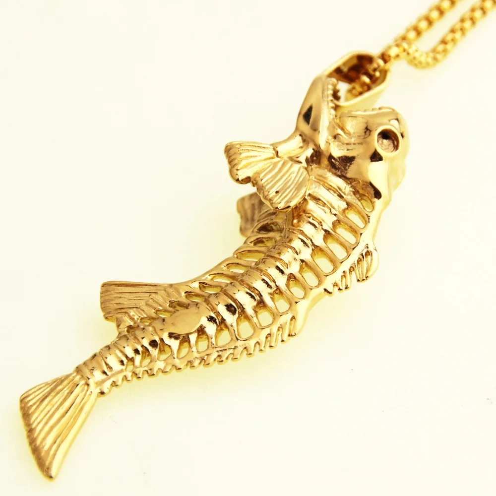 Hip hop Fish Bone & Fishing Hook Pendant Necklaces Punk Style Men 316L Stainless Steel Box Chain 2 Colors Personality Jewelry