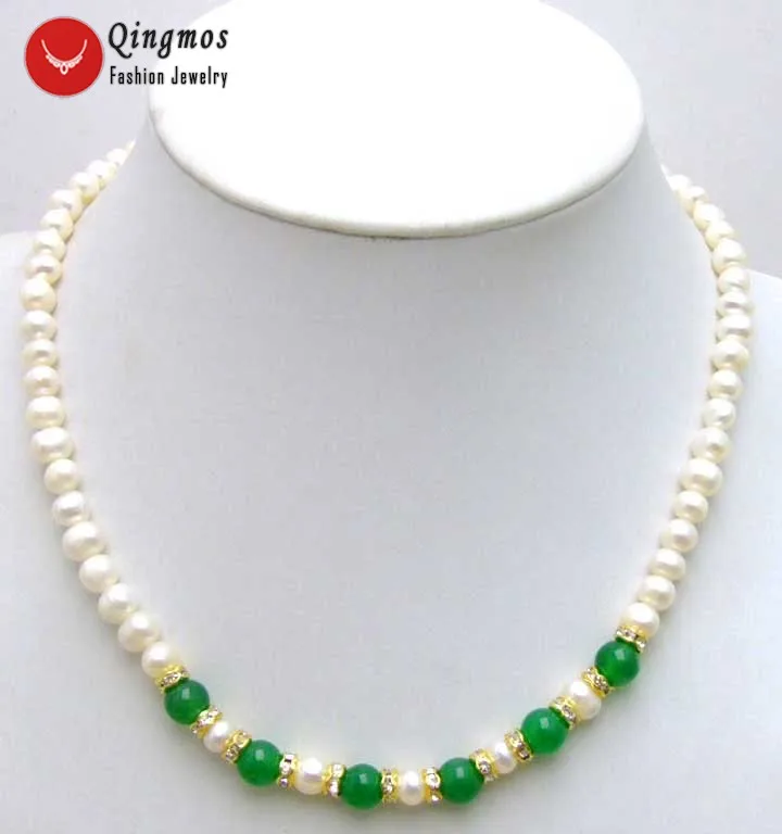 Qingmos Trendy Natural Pearl Chokers Necklace for Women with 8mm Green Jades & 6-7mm White Pearl Necklace 17