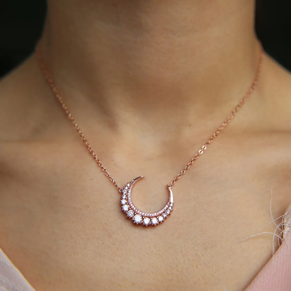 fashion crescent cz moon necklace rose gold color AAA sparking bling cubic zirconia top quality women lady lovely moon chain