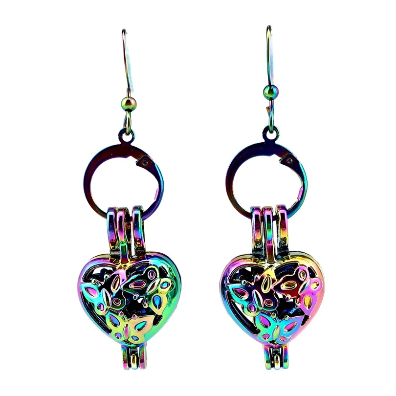 EE-C617 Rainbow Color Heart Pearl Cage Pendant Earrings Hooks with equal or under 9mm Plastic Beads