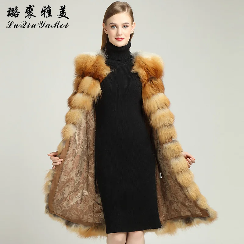 X-Long Natural Fur Vests Sleeveless Real Red Fox Fur Winter Luxury New Brand 2022 Coat 100cm Lined Real Fur Vests for Women