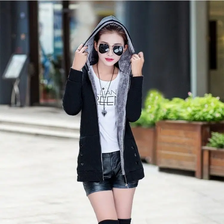 Womens Jackets Autumn and Winter Casual Female Slim Jackets Plus Velvet Thickening Long Section Cardigan Hooded Hoodies