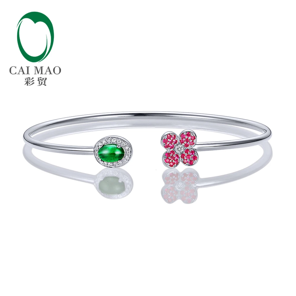 Caimao Jewelry 0.68ctw Oval Natural Emerald & 0.18ct Ruby 0.11ct Pave Diamond 18K White Gold Gemstone Bracelet