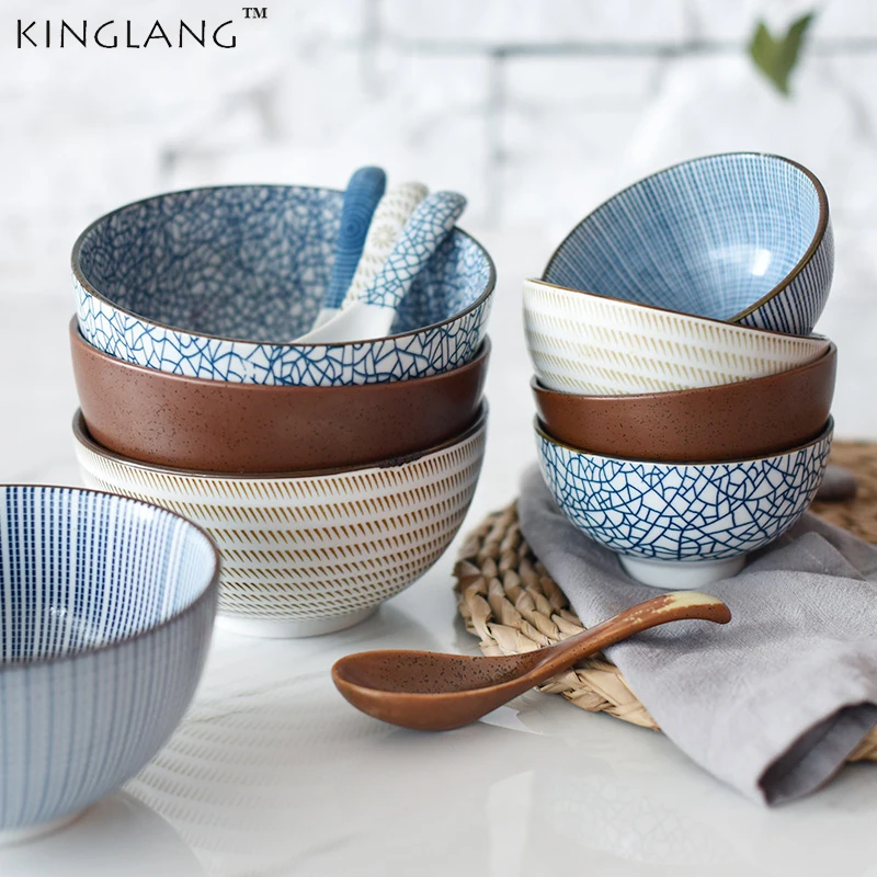 KINGLANG Japanese Classical Ceramic Bowls Tableware Kitchen Soup Noodle Rice Bowl Big Ramen Bowl  Spoon and Teacup