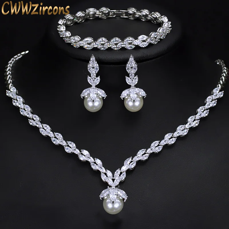 CWWZircons 3 Piece Sparkling CZ Dangle Drop Pearl Bridal Wedding Party Necklace Earrings Bracelet Jewelry Sets for Women T252