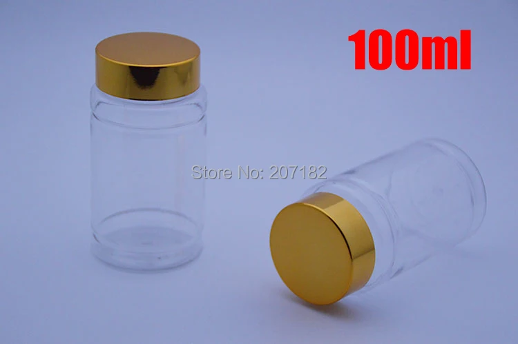 

100pcs 100ml Transparent PET Medicine Bottles,Capsules/Pills/Powder/Vitamins Plastic Bottles-- Bright Golden Metal Caps