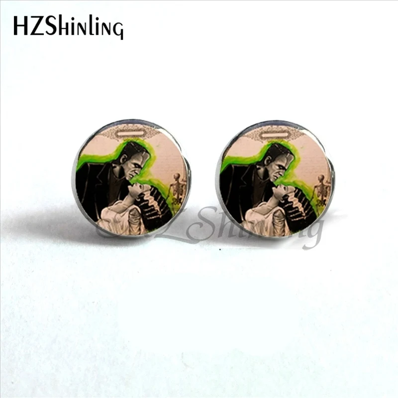 ED-0019 Traditional Frankenstein and His Bride Stud Earrings Handmade Glass Dome Bride of Frankenstein Earring HZ4