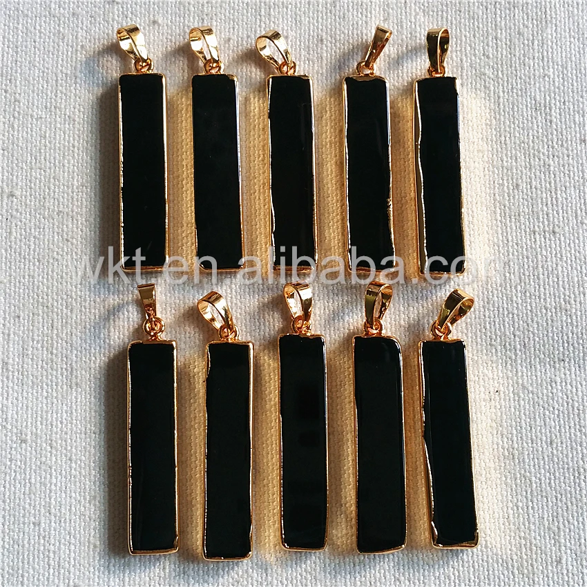 WT-P946 Wholesale Natural black bar a gate pendant with 24k gold trim fashion long rectangle black stone bar pendant 9*40mm