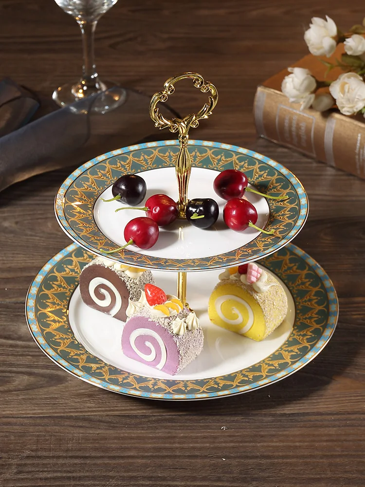 

EECAMAIL Exotic Style European Bone China Phnom Penh Cake Stand Snack Stand Dessert Plate Creative Features Double Fruit Plate