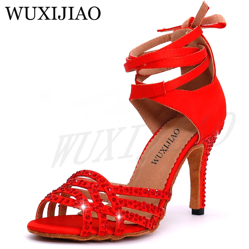 WUXIJIAO Ladies Latin dance shoes with Red satin rhinestone style high heels salsa dancing shoes heel 10cm