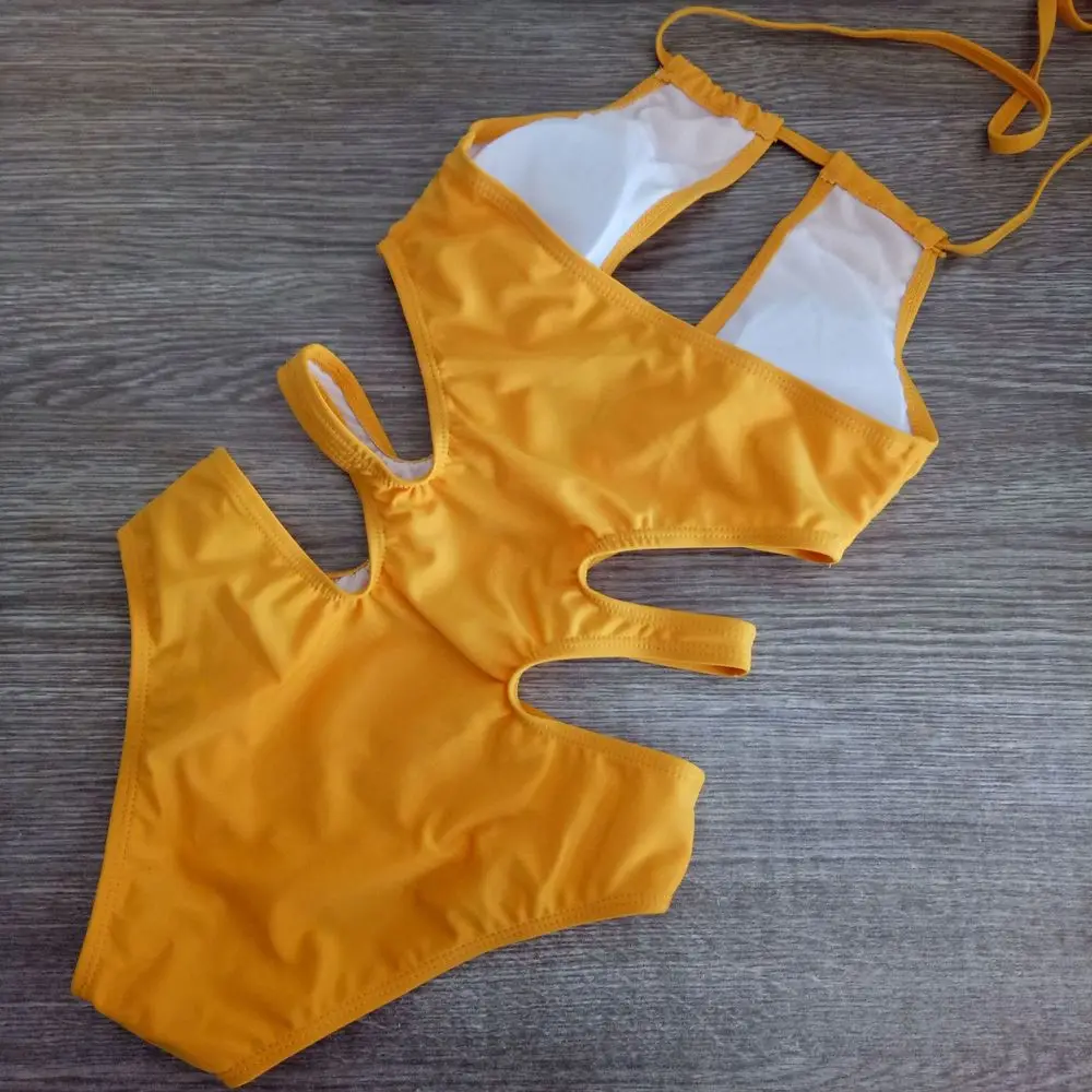 2019 Sexy żółty Halter wyciąć bandaż Trikini pływać strój kąpielowy Monokini Push Up brazylijskie stroje kąpielowe jednoczęściowy strój kąpielowy