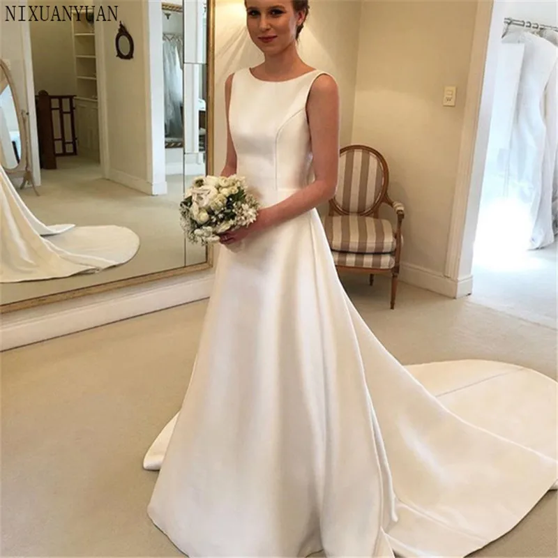 

Cheapest Boho A-line Jewel Backless Wedding Dress Chapel Train Satin Bridal Dress Bow on Back Country Wedding Bride Dresses