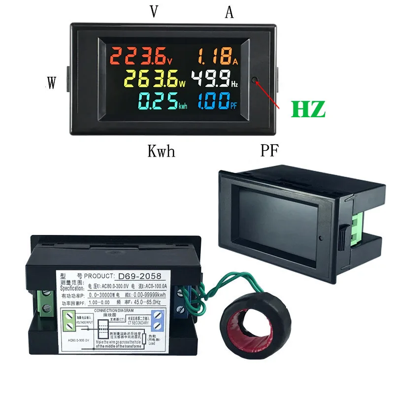 D69-2058 Voltmeter Strom Amperemeter Leistungsfaktor Elektrische Energie Frequenzmesser Digital Panel Wattmeter LCD VOLT AMP