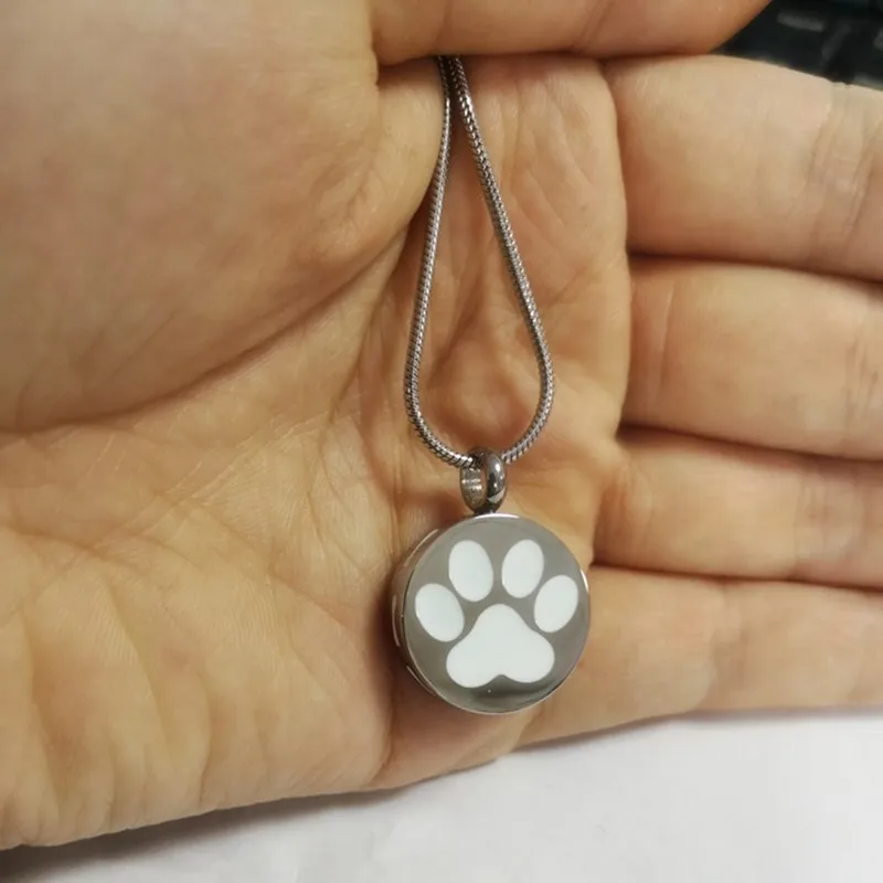 IJD8000 Black/White Paw Print Pet Memorial Urn Necklace for Dog/Cats Ashes Pendant,Bone Around Round Pet Dog Cremation Pendant