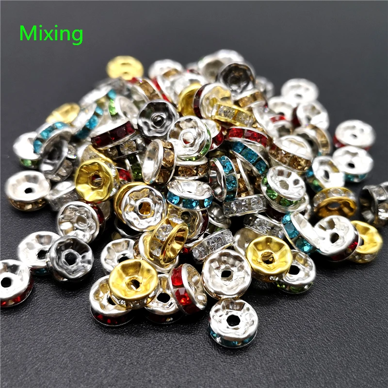 5/8/10mm 50pcs Color Mixing Rhinestone Rondelles Loose Spacer Beads Metal Crystal  for Jewelry Making DIY Accessories