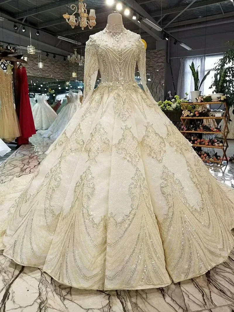 فساتين زفاف بأكمام طويلة مزينة بالدانتيل والترتر والكريستال من Real Photo vestido de noiva فساتين زفاف 2021 QUEEN BRIDAL robe de mariee WD72