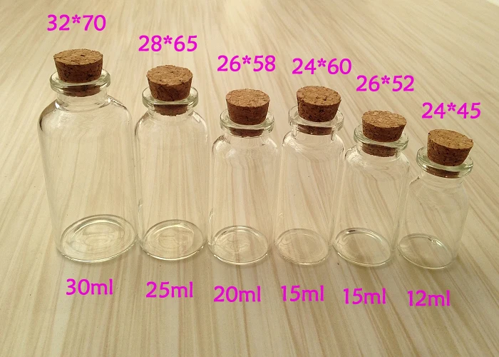 100pcs/lot  12ml 15ml 20ml 25ml 30ml Transparent Glass Bottle vials with Cork Stopper Glass Jar Wishing Bottle