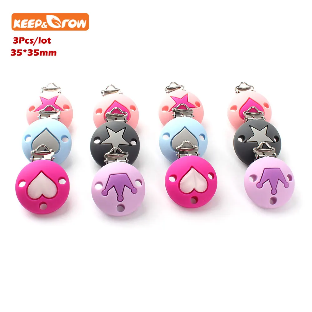 Keep&grow 3Pcs Perle Silicone Dentition Round Crown Heart Stars Clips BPA Free DIY Baby Soother Nursing Dummy Draft Toy Clips